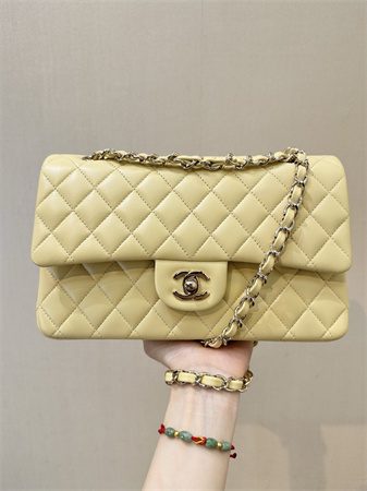 Chanel Medium Classic Flap Bag Lambskin Gold Tone Metal Yellow 01112 TOP