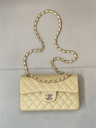 Chanel Small Classic Flap Bag Lambskin Gold Tone Metal Yellow 01117 TOP