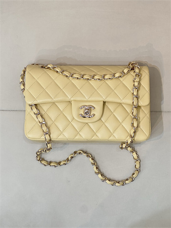 Chanel Small Classic Flap Bag Lambskin Gold Tone Metal Yellow 01117 TOP