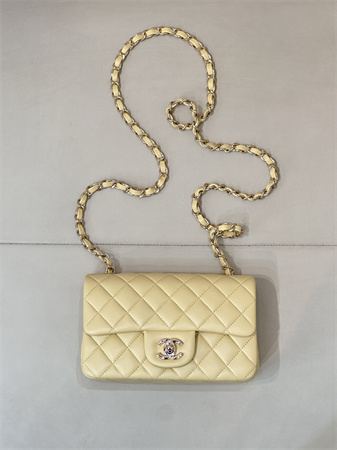 Chanel Mini Classic Flap Bag Lambskin Gold Tone Metal Yellow Color 01116 TOP