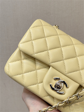 Chanel Mini Classic Flap Bag Lambskin Gold Tone Metal Yellow Color 01116 TOP