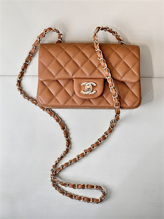 Chanel Mini Classic Flap Bag Grained Calfskin Gold Tone Metal Caramel Color 01116 TOP