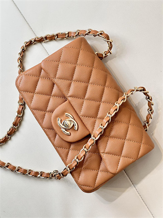 Chanel Mini Classic Flap Bag Grained Calfskin Gold Tone Metal Caramel Color 01116 TOP