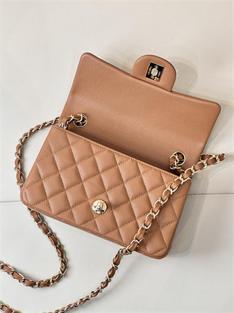 Chanel Mini Classic Flap Bag Grained Calfskin Gold Tone Metal Caramel Color 01116 TOP