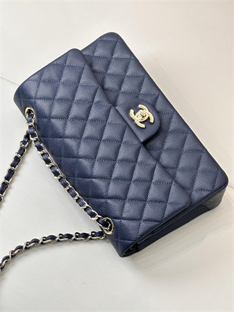 Chanel Medium Classic Flap Bag Grained Calfskin Gold Tone Metal Navy 01112 TOP