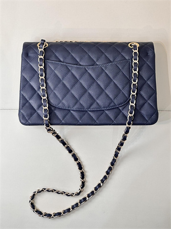 Chanel Medium Classic Flap Bag Grained Calfskin Gold Tone Metal Navy 01112 TOP