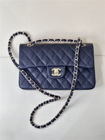 Chanel Small Classic Flap Bag Grained Calfskin Gold Tone Metal Navy 01117 TOP