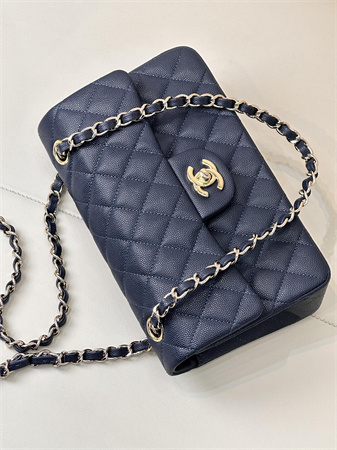 Chanel Small Classic Flap Bag Grained Calfskin Gold Tone Metal Navy 01117 TOP