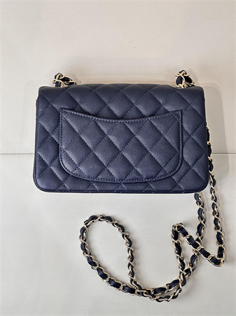 Chanel Mini Classic Flap Bag Grained Calfskin Gold Tone Metal Navy Color 01116 TOP