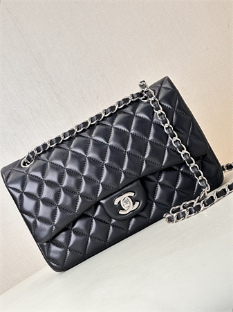 Chanel Medium Classic Flap Bag Lambskin Silver Tone Metal Black 01112 TOP