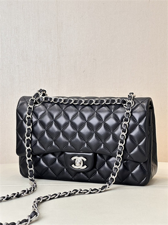 Chanel Medium Classic Flap Bag Lambskin Silver Tone Metal Black 01112 TOP