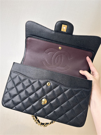 Chanel Large Classic Flap Bag Grained Cafskin Gold Tone Metal Black 58600 TOP