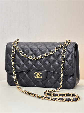 Chanel Large Classic Flap Bag Grained Cafskin Gold Tone Metal Black 58600 TOP