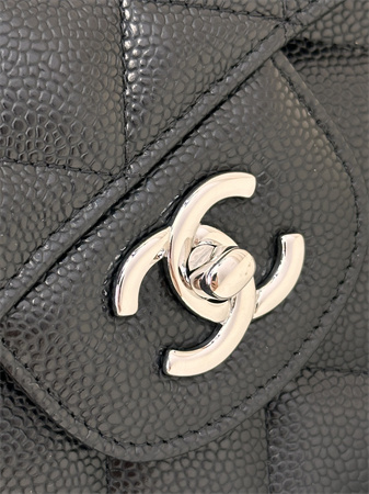 Chanel Large Classic Flap Bag Grained Cafskin Silver Tone Metal Black 58600 TOP