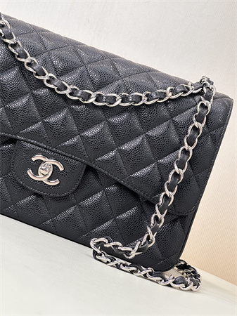 Chanel Large Classic Flap Bag Grained Cafskin Silver Tone Metal Black 58600 TOP