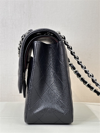 Chanel Large Classic Flap Bag Grained Cafskin Silver Tone Metal Black 58600 TOP