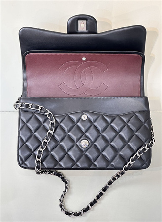 Chanel Large Classic Flap Bag Lambskin Silver Tone Metal Black 58600 TOP