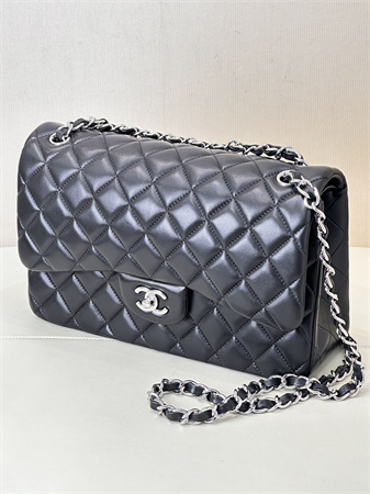 Chanel Large Classic Flap Bag Lambskin Silver Tone Metal Black 58600 TOP