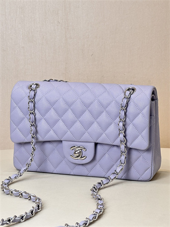 Chanel Medium Classic Flap Bag Grained Calfskin Silver Tone Metal Lt Purple 01112 TOP
