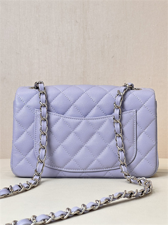 Chanel Mini Classic Flap Bag Grained Calfskin Silver Tone Metal Lt Purple Color 01116 TOP