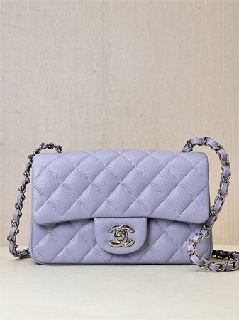 Chanel Mini Classic Flap Bag Grained Calfskin Silver Tone Metal Lt Purple Color 01116 TOP