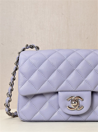 Chanel Mini Classic Flap Bag Grained Calfskin Silver Tone Metal Lt Purple Color 01116 TOP