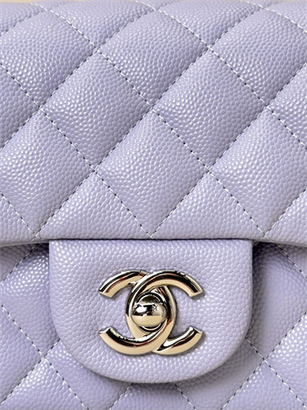 Chanel Mini Classic Flap Bag Grained Calfskin Silver Tone Metal Lt Purple Color 01116 TOP
