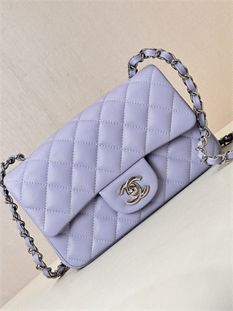 Chanel Mini Classic Flap Bag Grained Calfskin Silver Tone Metal Lt Purple Color 01116 TOP