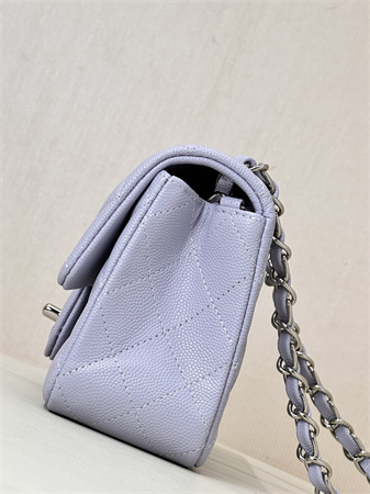 Chanel Mini Classic Flap Bag Grained Calfskin Silver Tone Metal Lt Purple Color 01116 TOP
