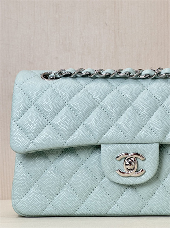 Chanel Small Classic Flap Bag Grained Calfskin Silver Tone Metal Mint 01117 TOP