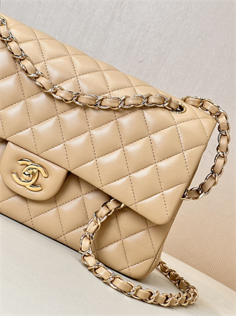 Chanel Medium Classic Flap Bag Lambskin Gold Tone Metal Beige 01112 TOP