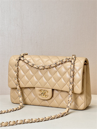 Chanel Medium Classic Flap Bag Lambskin Gold Tone Metal Beige 01112 TOP