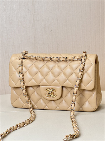 Chanel Small Classic Flap Bag Lambskin Gold Tone Metal Beige 01117 TOP