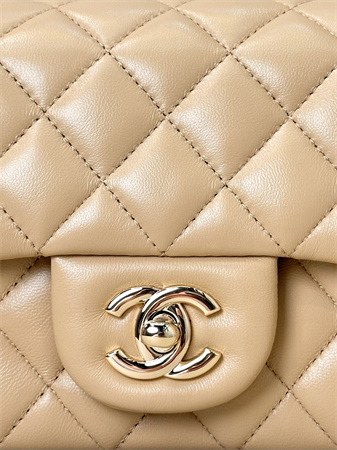 Chanel Mini Classic Flap Bag Lambskin Gold Tone Metal Beige Color 01116 TOP