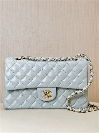 Chanel Medium Classic Flap Bag Lambskin Gold Tone Metal Baby Blue 01112 TOP