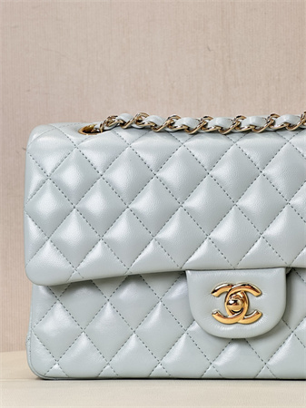 Chanel Medium Classic Flap Bag Lambskin Gold Tone Metal Baby Blue 01112 TOP