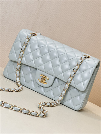 Chanel Medium Classic Flap Bag Lambskin Gold Tone Metal Baby Blue 01112 TOP