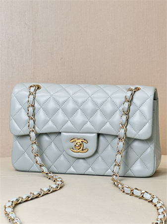 Chanel Small Classic Flap Bag Lambskin Gold Tone Metal Baby Blue 01117 TOP
