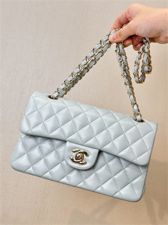 Chanel Small Classic Flap Bag Lambskin Gold Tone Metal Baby Blue 01117 TOP