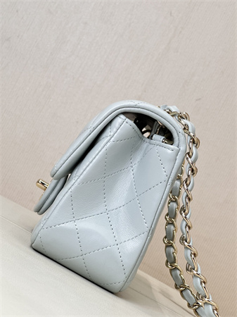 Chanel Mini Classic Flap Bag Lambskin Gold Tone Metal Baby Blue Color 01116 TOP