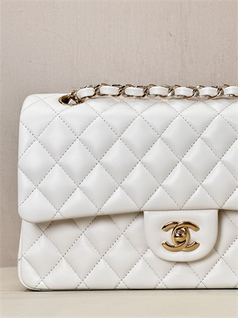 Chanel Medium Classic Flap Bag Lambskin Gold Tone Metal White 01112 TOP