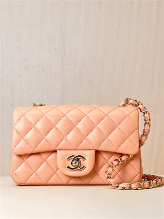 Chanel Mini Classic Flap Bag Lambskin Gold Tone Metal Orange Color 01116 TOP