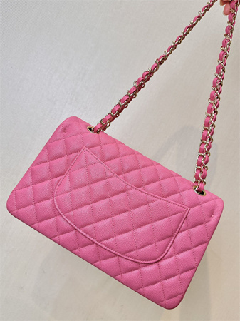 Chanel Medium Classic Flap Bag Grained Cafskin Gold Tone Metal Fuchsia 01112 TOP