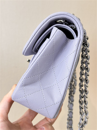 Chanel Small Classic Flap Bag Grained Calfskin Silver Tone Metal Lt Purple 01117 TOP