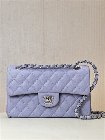 Chanel Small Classic Flap Bag Grained Calfskin Silver Tone Metal Lt Purple 01117 TOP