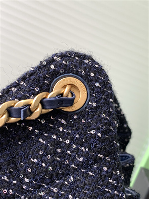 Chanel 25 Medium Handbag Tweed Gold Tone Metal Navy AS5311