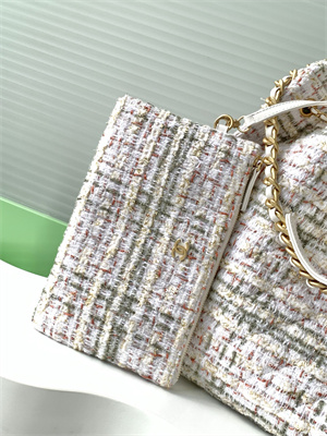 Chanel 25 Medium Handbag Tweed Gold Tone Metal White AS5311