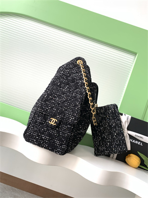 Chanel 25 Medium Handbag Tweed Gold Tone Metal Black AS5311