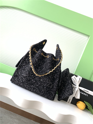 Chanel 25 Medium Handbag Tweed Gold Tone Metal Black AS5311