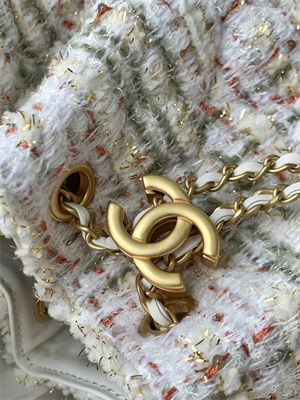 Chanel 25 Small Handbag Tweed Gold Tone Metal White AS5293